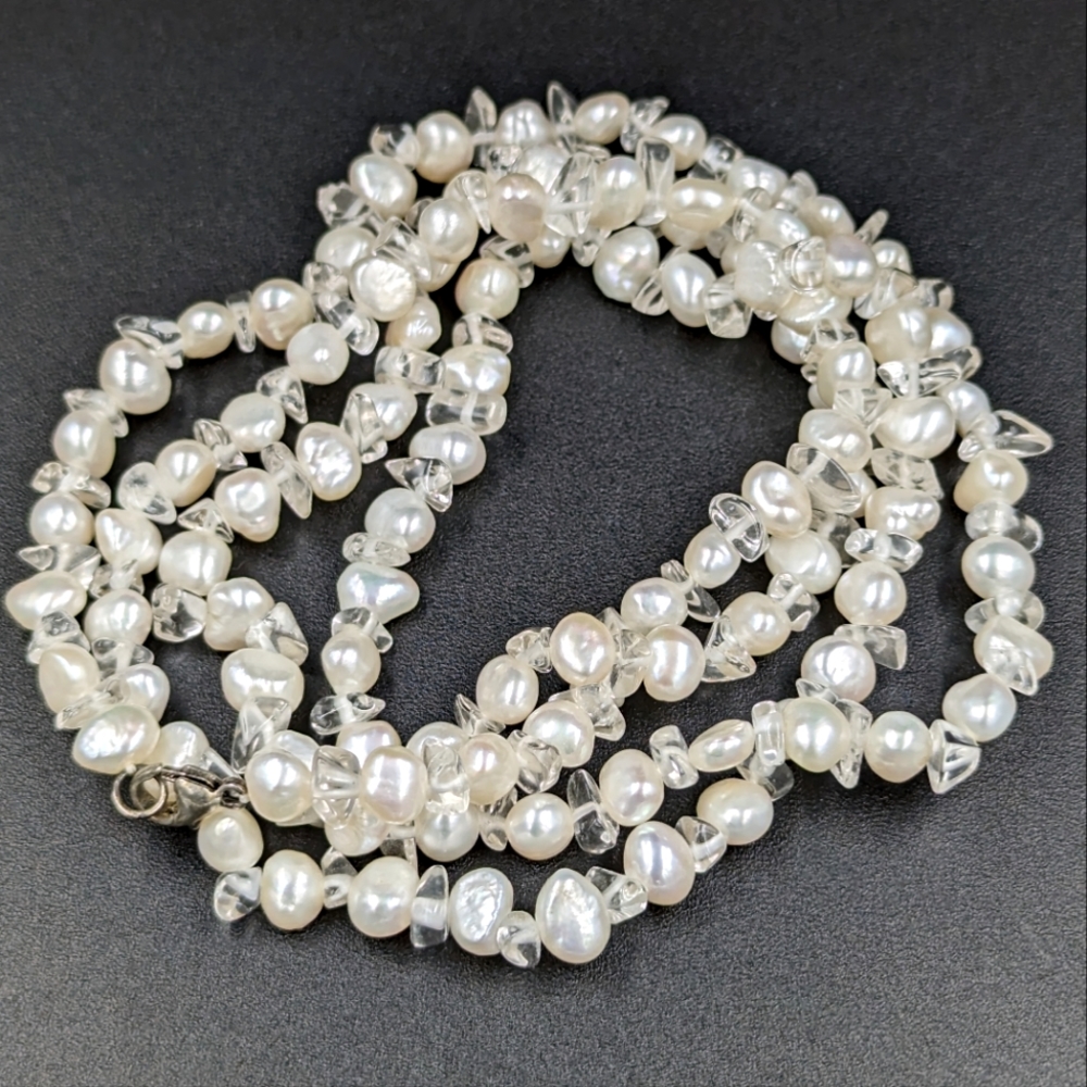 Real pearl and crystal long length necklace with 925 sterling silver cla…